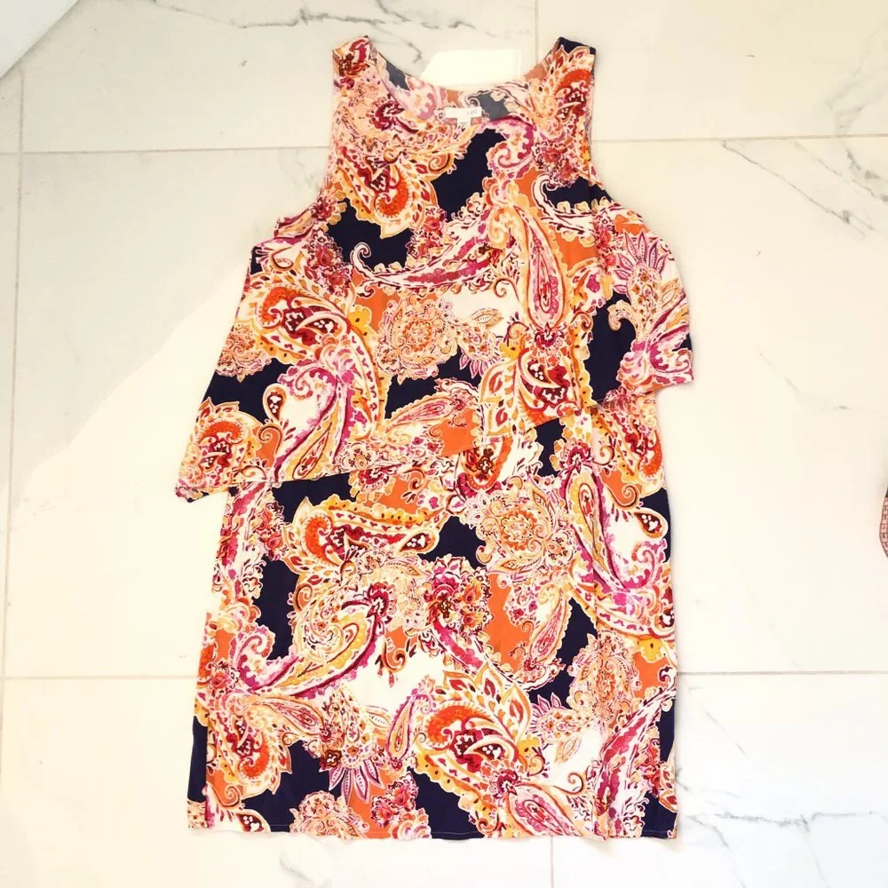 J. Jill Paisley Floral Tiered Dress SizeS Sleeveless Orange Colorful Stretch - Picture 7 of 13